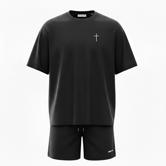 Compleu de vara cu tricou oversize si broderie Sanctis Negru