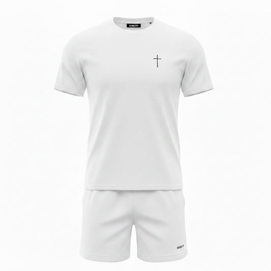 Compleu de vara cu tricou simplu si broderie Sanctis Alb