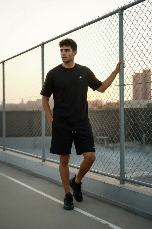 Compleu de vara cu tricou simplu si broderie Sanctis Negru