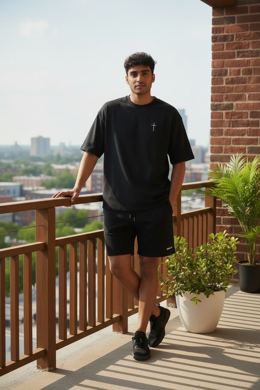 Compleu de vara cu tricou oversize si broderie Sanctis Negru