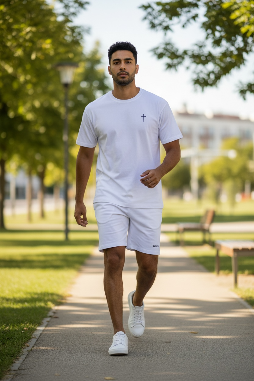 Compleu de vara cu tricou simplu si broderie Sanctis Alb