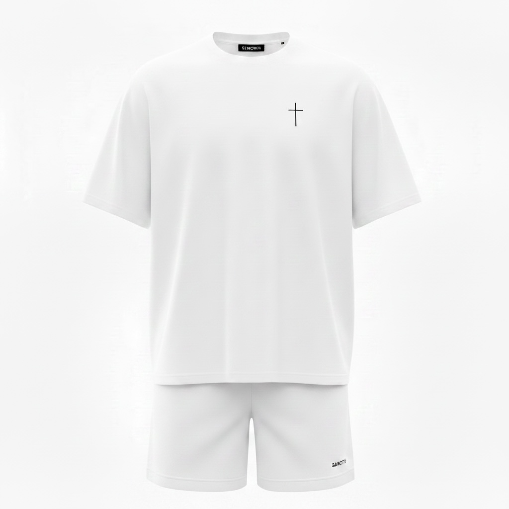 Compleu de vara cu tricou oversize si broderie Sanctis Alb