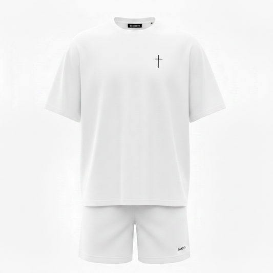 Compleu de vara cu tricou oversize si broderie Sanctis Alb