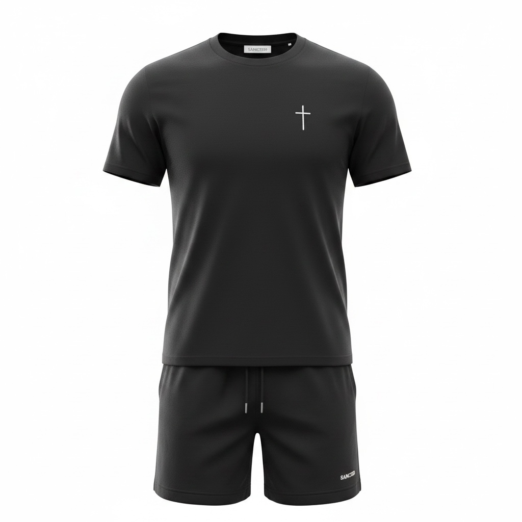 Compleu de vara cu tricou simplu si broderie Sanctis Negru