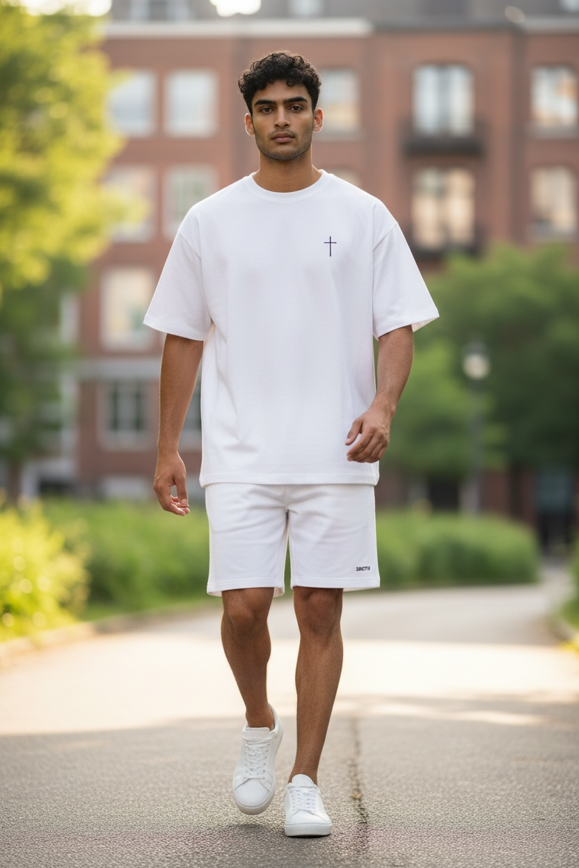 Compleu de vara cu tricou oversize si broderie Sanctis Alb