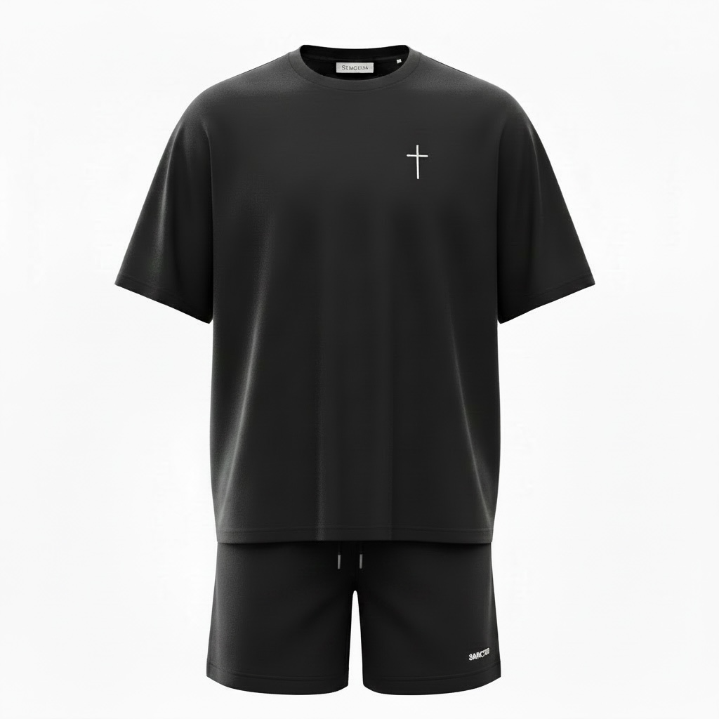 Compleu de vara cu tricou oversize si broderie Sanctis Negru