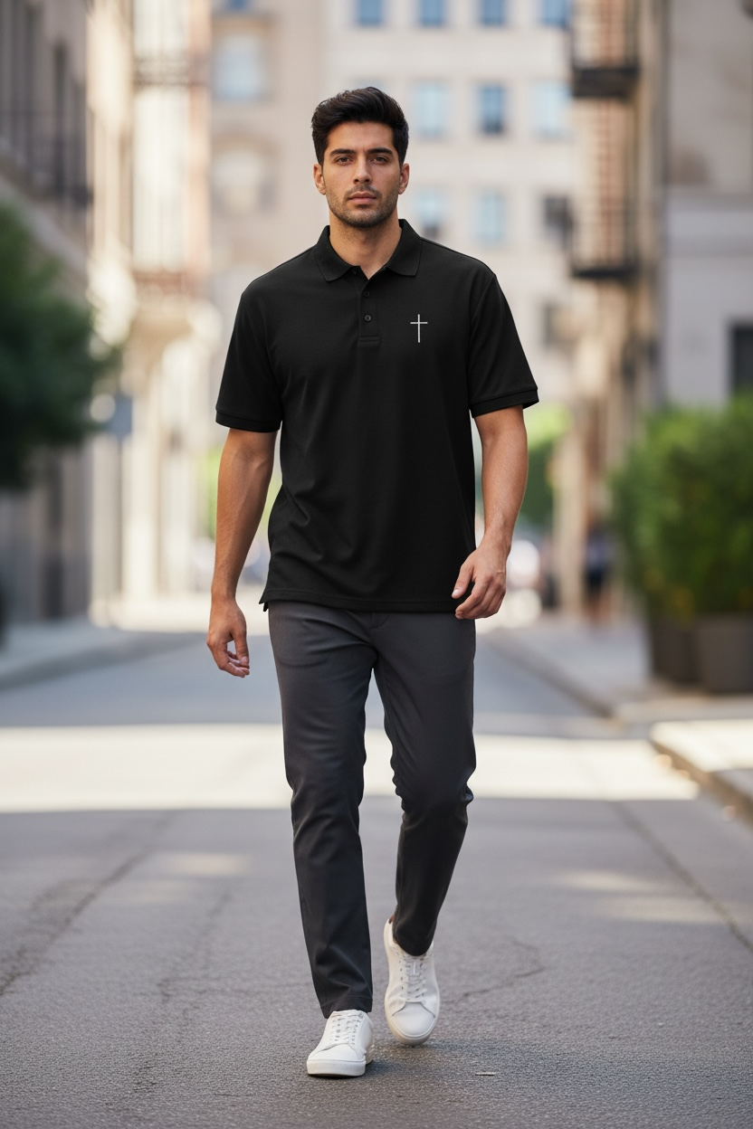 Tricou Polo maneca scurta cu broderie Sanctis Negru