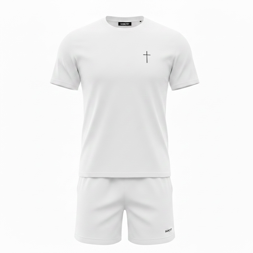 Compleu de vara cu tricou simplu si broderie Sanctis Alb